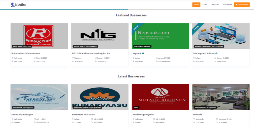 List of business in BizDire Nepal